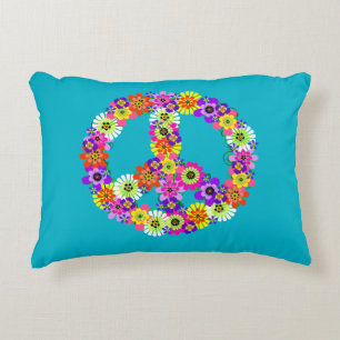Peace Sign Floral on Turquoise Decorative Cushion