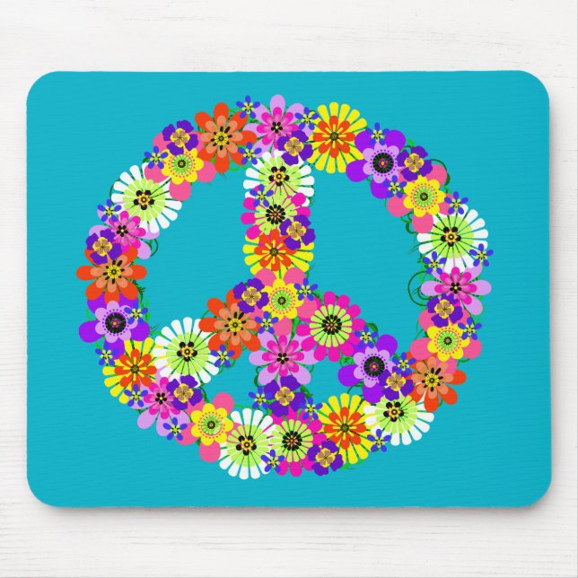 Peace Sign Floral on Turquoise Mouse Mat (Front)