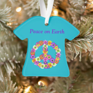 Peace Sign Floral on Turquoise Ornament