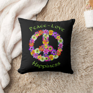 Peace Sign Floral Peace Love Happiness Cushion