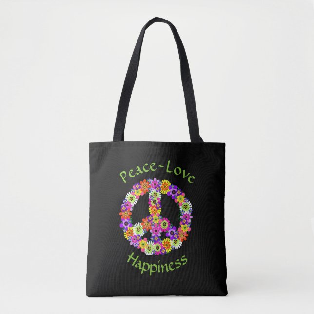 Peace Sign Floral Peace Love Happiness Tote Bag (Front)