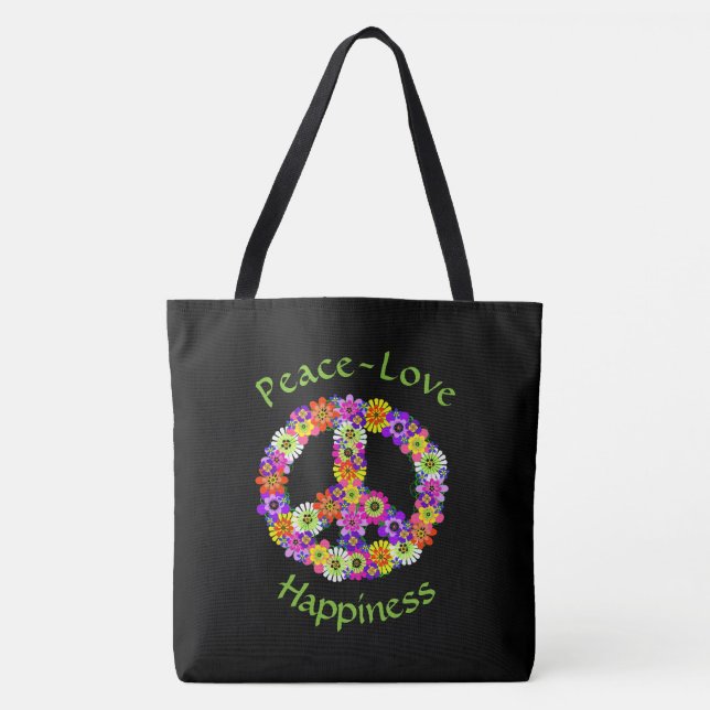 Peace Sign Floral Peace Love Happiness Tote Bag (Front)