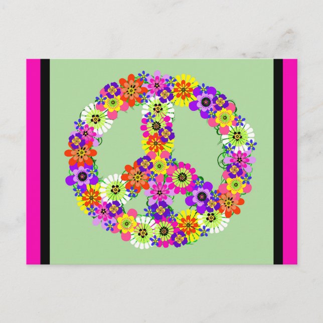 Peace Sign Floral with fuchsia & black border Postcard (Front)