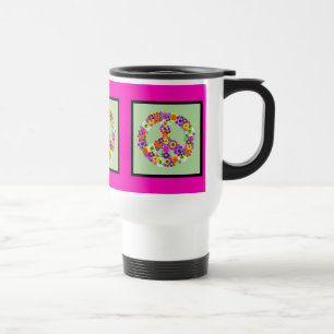Peace Sign Floral with fuchsia & black border Travel Mug