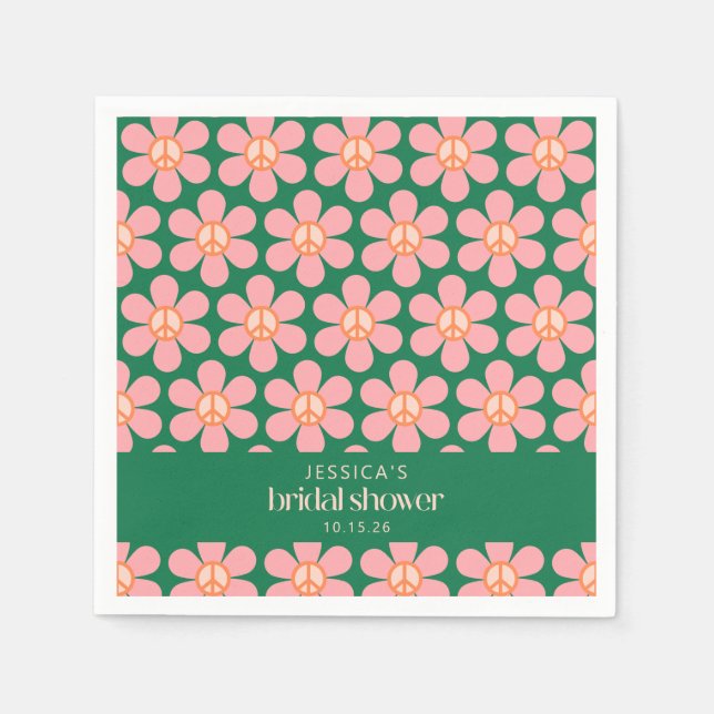 Peace Sign Flower Green Pink Custom Bridal Shower Napkin (Front)