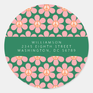 Peace Sign Flower Green Pink Shower Return Address Classic Round Sticker