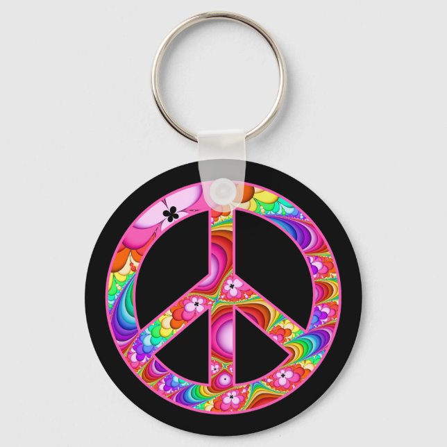 Peace Sign Fractal Groovy Trip Key Ring (Front)