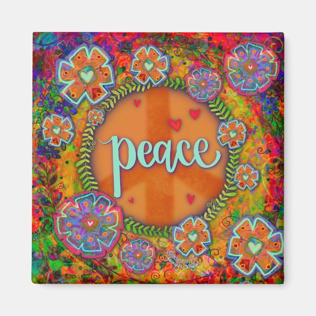 Peace Sign Fun Pretty Colourful Floral Inspirivity Magnet (Front)