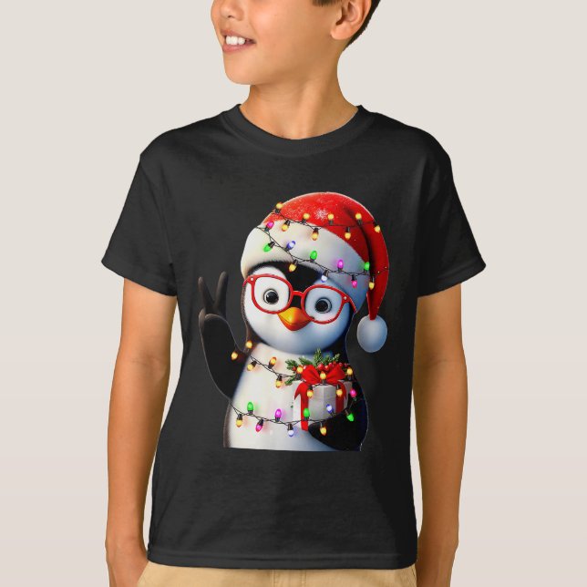 Peace Sign Hand Penguin Santa Christmas Penguin Pa T-Shirt (Front)