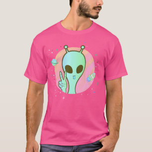 Peace Sign Hand Planet Stars Ufo Cool Trippy Green T-Shirt