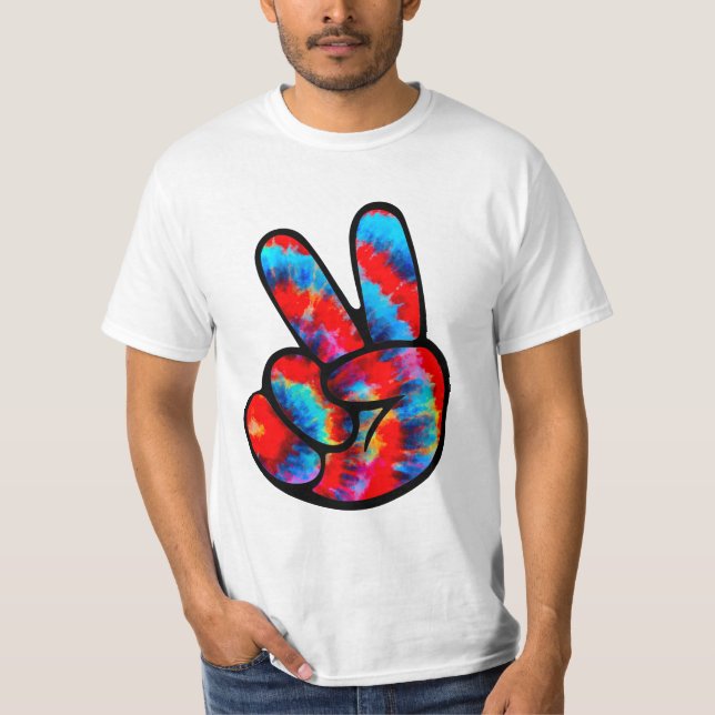 Peace Sign Hand Red Blue Tie Dye T-Shirt (Front)