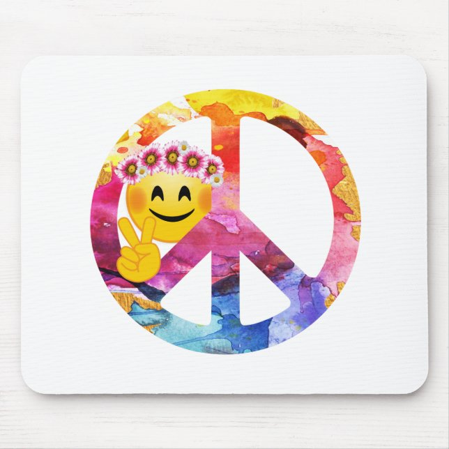Peace Sign, Hippie Emoticon Watercolor Art Mouse Mat (Front)