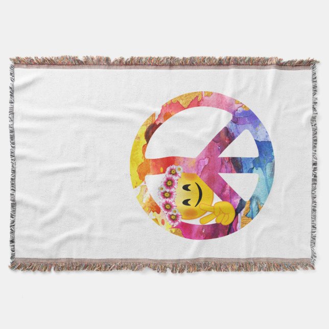 Peace Sign, Hippie Emoticon Watercolor Art Throw Blanket (Front)
