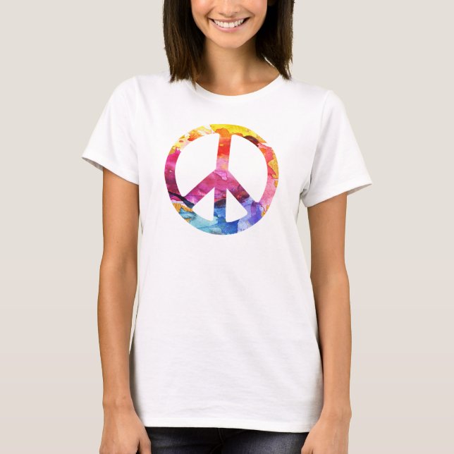 Peace Sign Hippie Girl 70s Watercolor Art T-Shirt (Front)