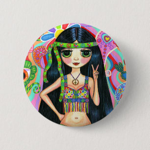 Peace Sign Hippie Girl Button