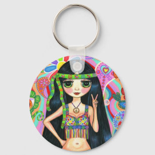 Peace Sign Hippie Girl Keychain