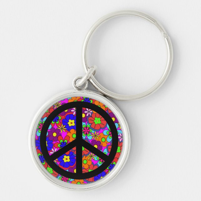 Peace Sign Hippy Retro Flowers Key Ring (Front)