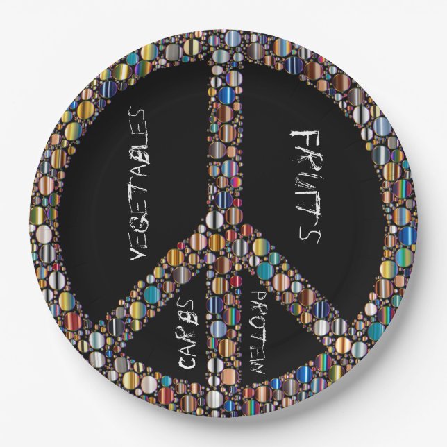 Peace sign jewel portion control paper plates-blk paper plate (Front)