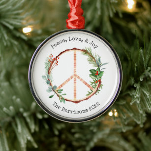 Peace Sign Joy Love Rustic Botanical Christmas Metal Tree Decoration
