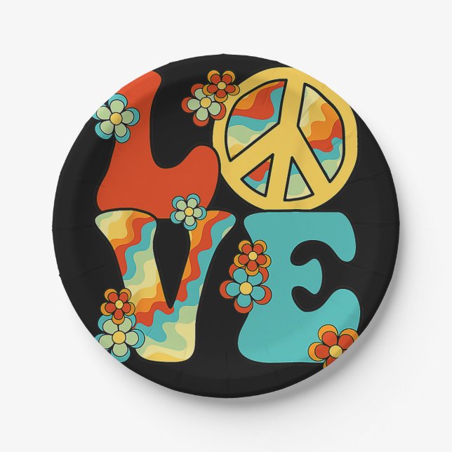 PEACE SIGN LOVE 60s 70s Tie Dye Hippie Halloween C Paper Plate (Front)