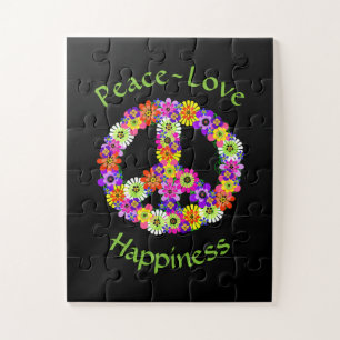 Peace Sign Love & Happiness on Black Jigsaw Puzzle