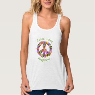 Peace Sign Love & Happiness on White Tank Top