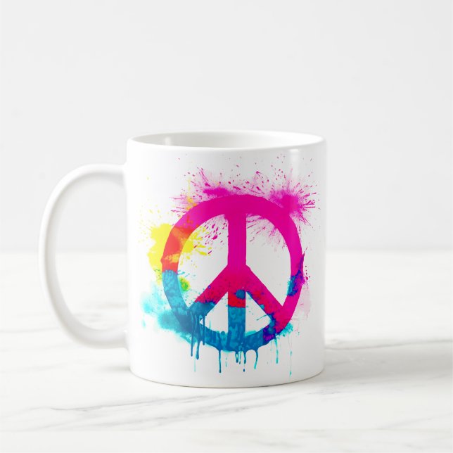 Peace sign neon colours groovy spray paint splatte coffee mug (Left)