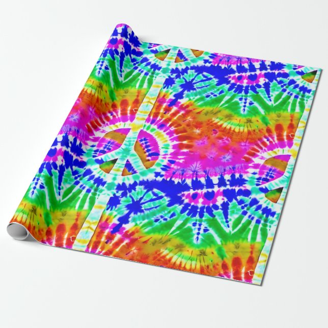 Peace Sign on Colourful Tie Dye Hippie Style  Wrapping Paper (Unrolled)