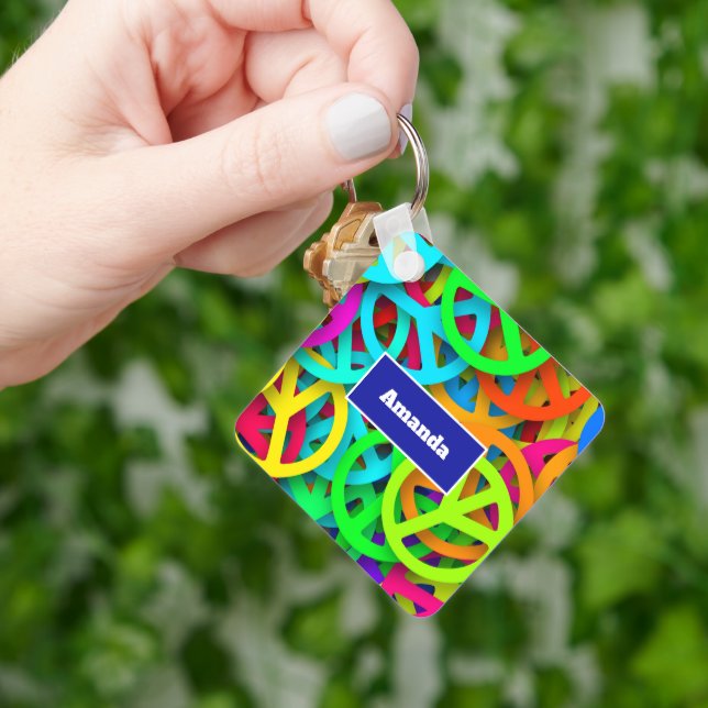 Peace Sign Pattern Groovy Sixties Vibe Key Ring (Hand)