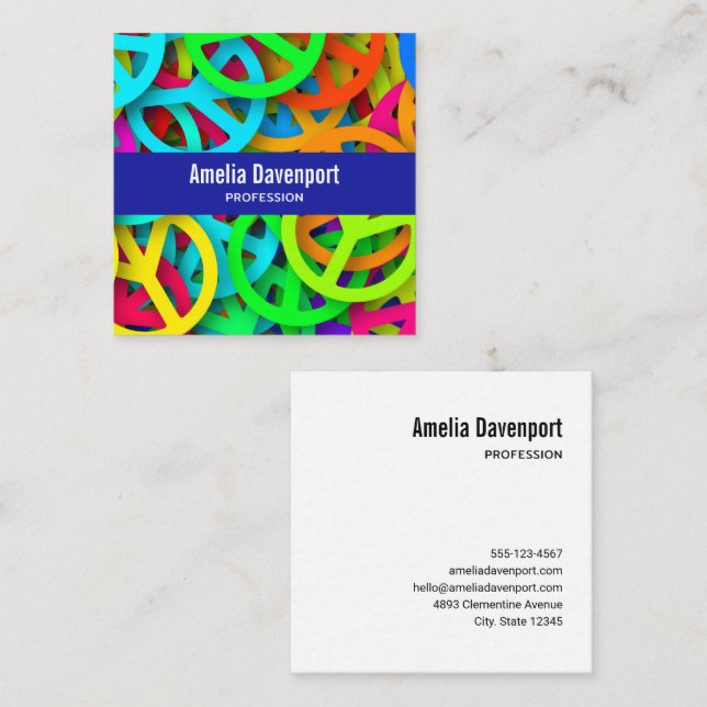 Peace Sign Pattern Groovy Sixties Vibe Square Business Card (Front/Back)