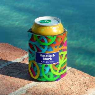 Peace Sign Pattern Groovy Sixties Vibe Wedding Can Cooler