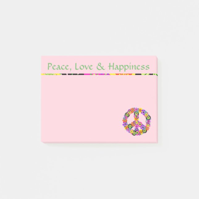 Peace Sign Peace Love & Happiness Pink Post-it Notes (Front)
