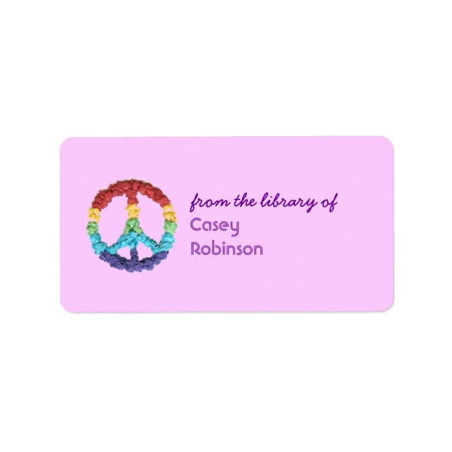 Peace sign personalised bookplate - pink label (Front)