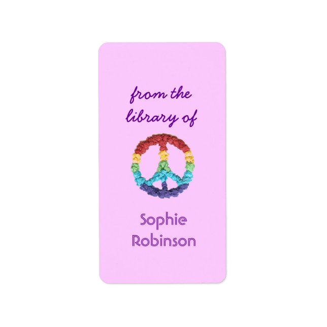 Peace sign personalised bookplate - pink vertical label (Front)