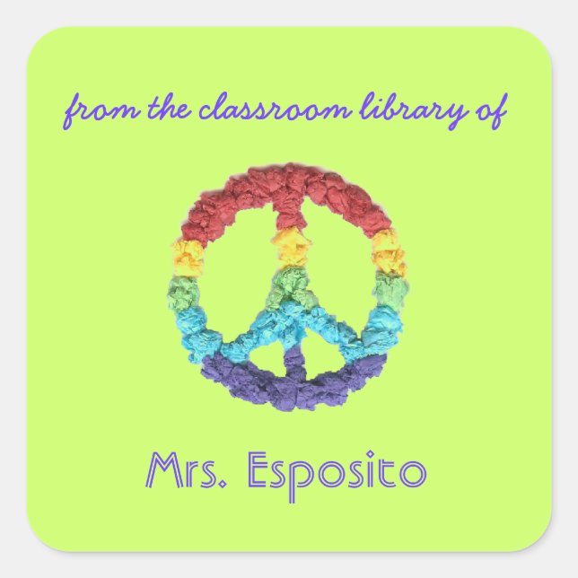 Peace sign personalised teacher gift bookplate square sticker (Front)