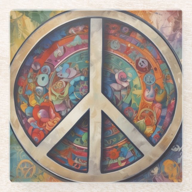 Peace Sign Pop Art Glass Coaster (Front)