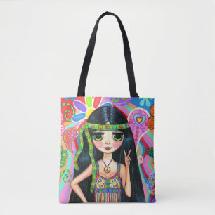 Peace Sign Psychedelic Hippie Chick Girl '60s '70s Tote Bag