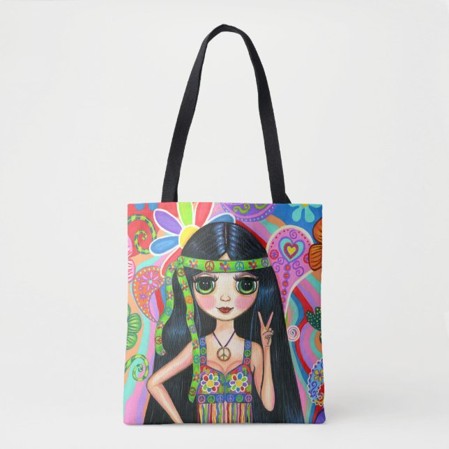 Peace Sign Psychedelic Hippie Chick Girl '60s '70s Tote Bag (Front)