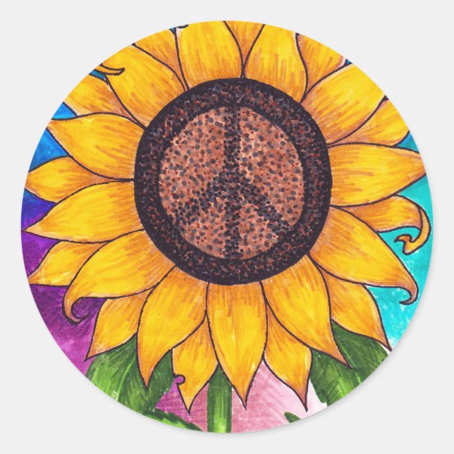 Peace Sign Sunflower Stationary Classic Round Sticker (Front)