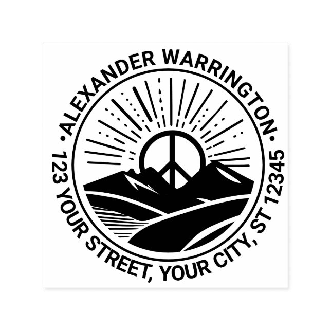 Peace Sign Sunrise Mountains Name Address Self-inking Stamp (Design)