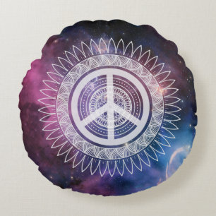 PEACE Sign Symbol Mandala Space Lacy Hippie Space Round Cushion