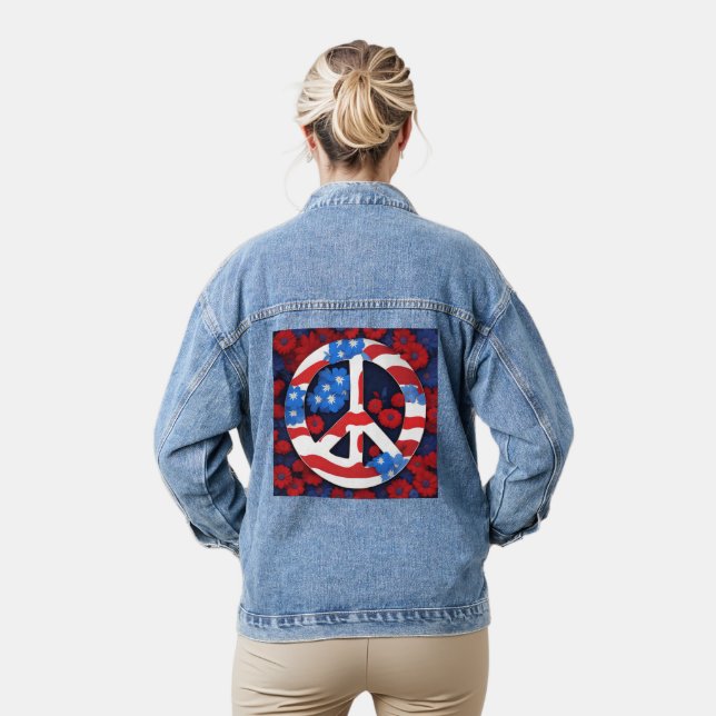 Peace Sign Symbol US Flag Red White & Blue Hippie Denim Jacket (Model)