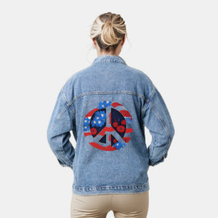 Peace Sign Symbol US Flag Red White & Blue Hippie Denim Jacket