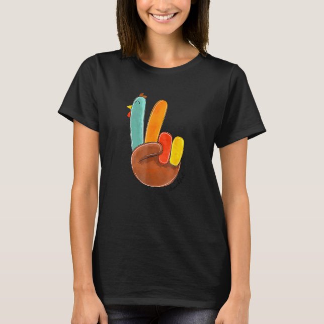 Peace Sign Turkey Hand Cool Thanksgiving Hippie T-Shirt (Front)