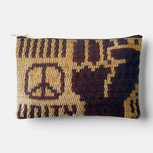 Peace Sign Unity Fist Brown Artisan Crochet Print Accessory Pouch