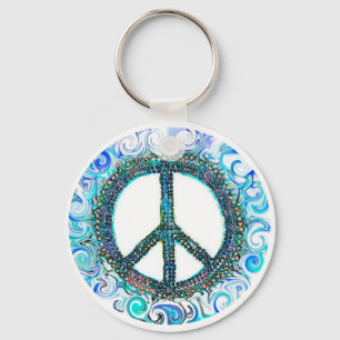 Peace Sign With Blue Waves Key Ring
