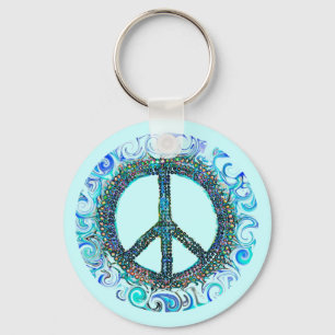 Peace Sign With Blue Waves Key Ring