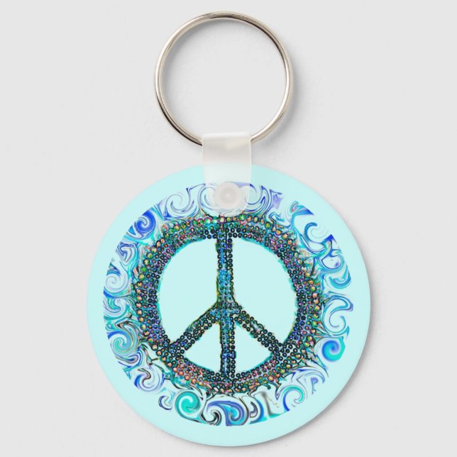 Peace Sign With Blue Waves Key Ring (Front)