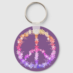 Peace sign with colourful flowers key ring