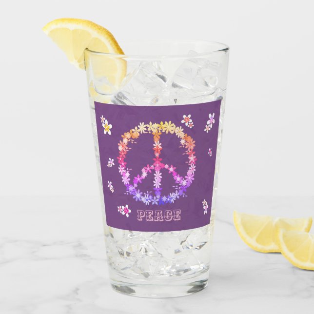 Peace sign with colourful flowers,Personalised tex Glass (Front Ice)